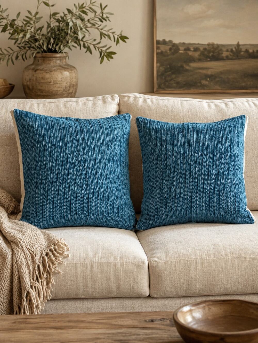 Villa Classic Home Set of 2 Blue Linen Pillow Covers Square Teal Textured Zip